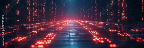 A close-up of digital data flowing through an abstract grid, with red and black hues representing a cyber attack, set against a dark background