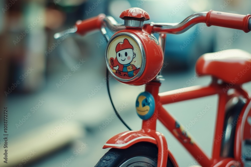 Fototapeta premium Red bicycle with cartoon bell and front tire.