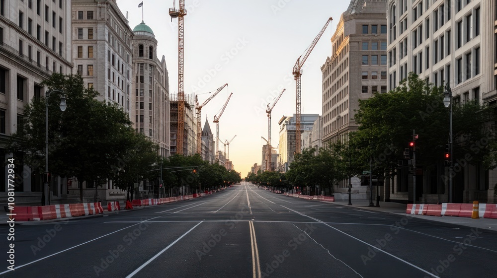 A quiet urban street under construction at sunrise, showcasing cranes and greenery. A quiet urban street under construction at sunrise, showcasing cranes and greenery.