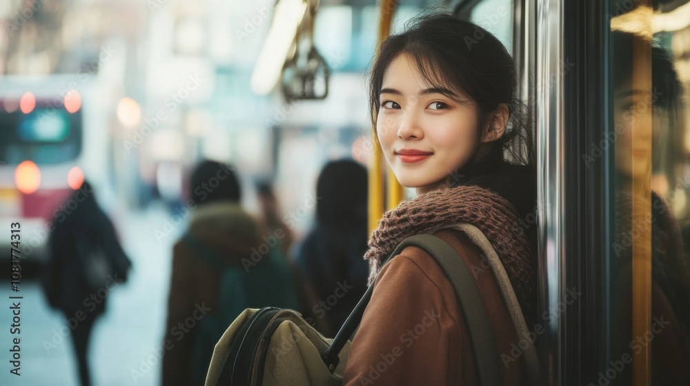 Close-up of an Asian woman boarding a public bus at a busy city station, holding a bag with a calm expression as she begins her Close-up of an Asian woman boarding a public bus at a busy city station, holding a bag with a calm expression as she begins her