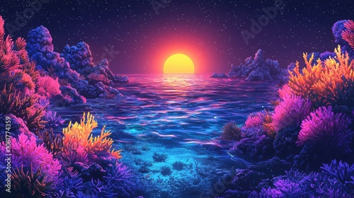 Fototapeta Naklejka Na Ścianę i Meble -  Sunset over a colorful underwater coral reef scene.