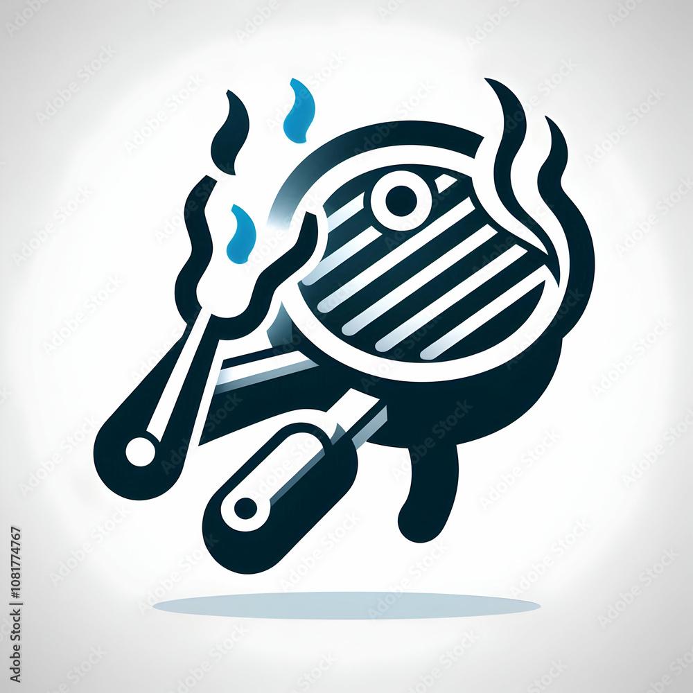 Grill marked steak icon with tongs concept as A sizzling steak with defined grill marks and metal tongs lifting it isolated on white. Represents grilling and outdoor barbecue themes. in Photo Stock Grill marked steak icon with tongs concept as A sizzling steak with defined grill marks and metal tongs lifting it isolated on white. Represents grilling and outdoor barbecue themes. in Photo Stock