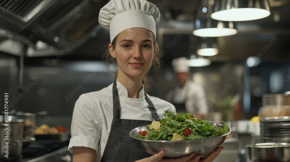 Young chef presenting a fresh salad in a bustling restaurant kitchen during a busy dinner service Young chef presenting a fresh salad in a bustling restaurant kitchen during a busy dinner service