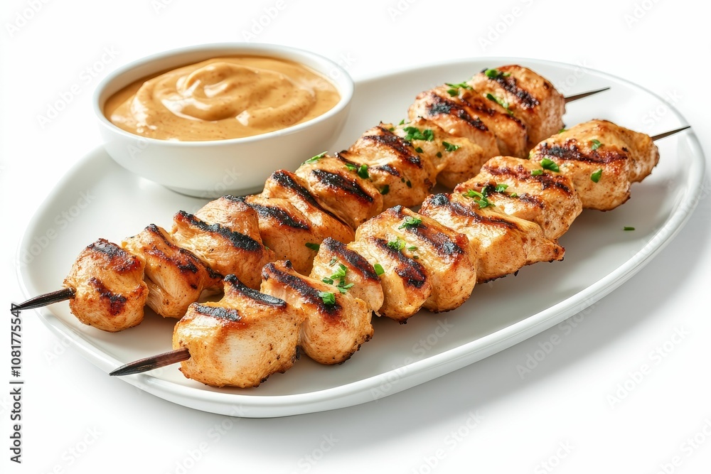 Grilled chicken skewers with dipping sauce. Grilled chicken skewers with dipping sauce.