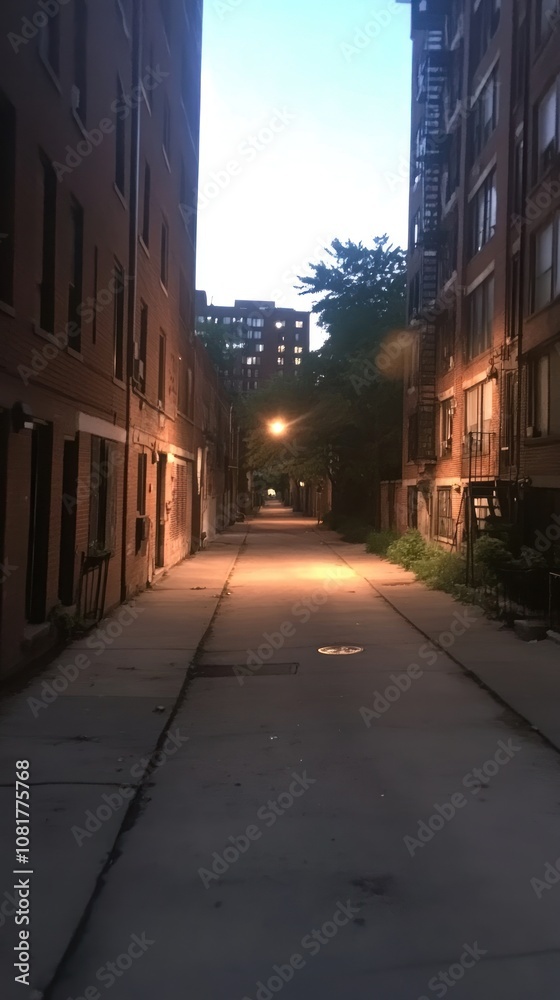 A quiet alleyway illuminated by a streetlight, surrounded by buildings at dusk. A quiet alleyway illuminated by a streetlight, surrounded by buildings at dusk.