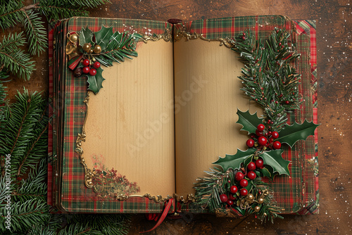Open Christmas book with plaid borders, holly, pine garland, and gold accents.