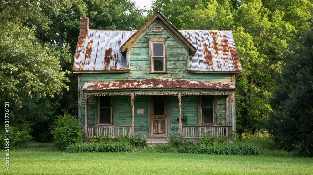 Abandoned green farmhouse with a rusty roof surrounded by overgrown plants in a peaceful rural setting Abandoned green farmhouse with a rusty roof surrounded by overgrown plants in a peaceful rural setting