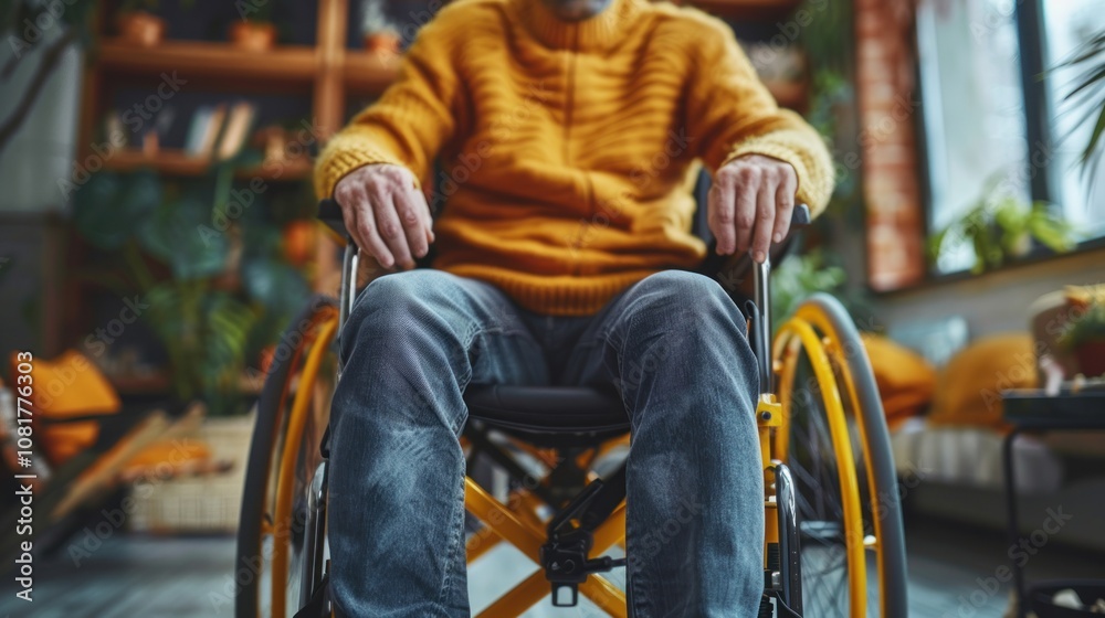 A man in a yellow sweater and blue jeans sits in a wheelchair with a cozy living room in the background. A man in a yellow sweater and blue jeans sits in a wheelchair with a cozy living room in the background.