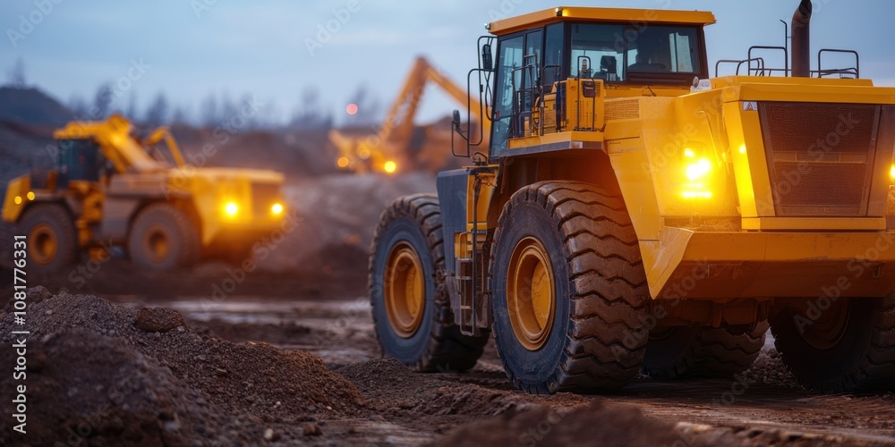 Fototapeta premium Construction equipment operation construction site photography evening ground level heavy machinery