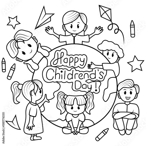 Happy Children's day poster with happy kids around the world illustration