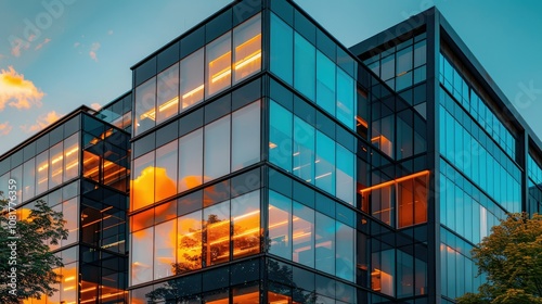 High-rise office building with reflective glass and sleek design