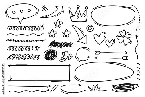 Hand drawn marker pen strokes doodle design elements, black on white isolated background.