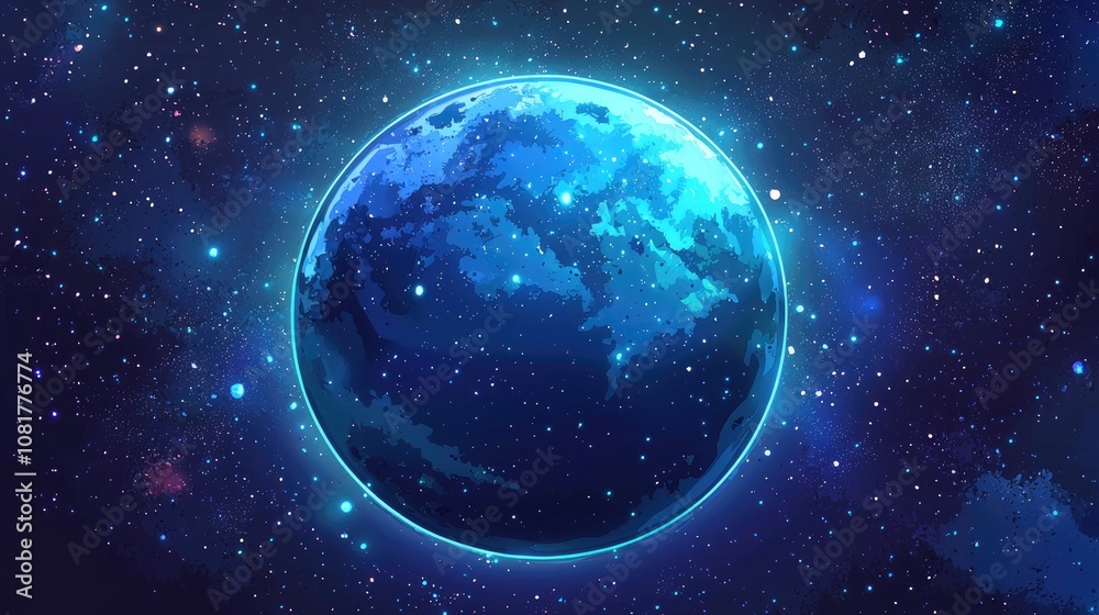 Fototapeta premium A Blue Planet with a Glowing Ring in a Starry Night Sky
