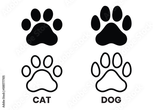 Dog and cat paw print symbol. Black and white line and silhouette icon or logo design element.