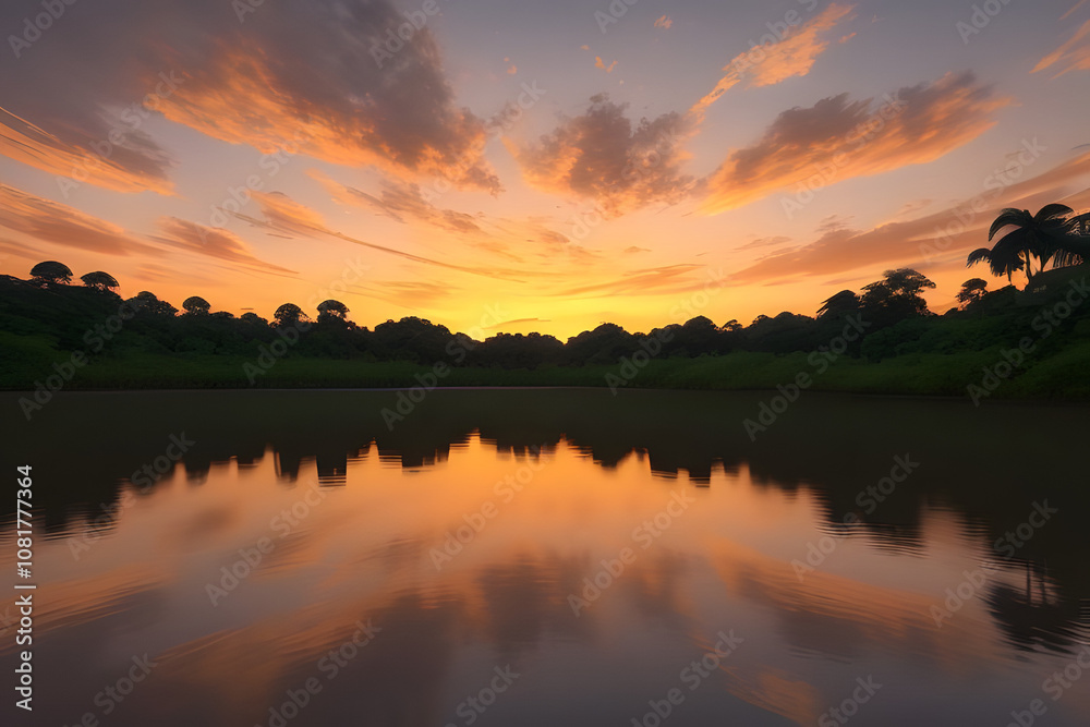 Obraz premium A vibrant sunset over a calm river, with a dense jungle in the background, hyper realistic, 8k resolution, cinematic lighting