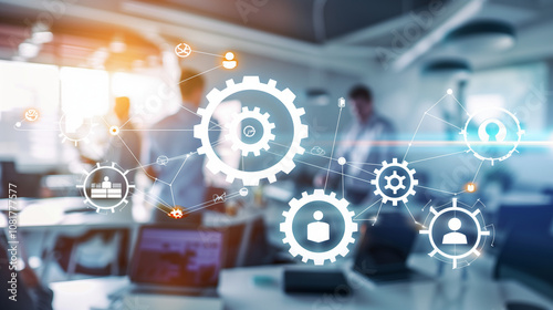 Large interconnected network of gears symbolizing corporate competition, with one oversized gear dominating the scene, representing antitrust concerns. Central gear with copy space for text.