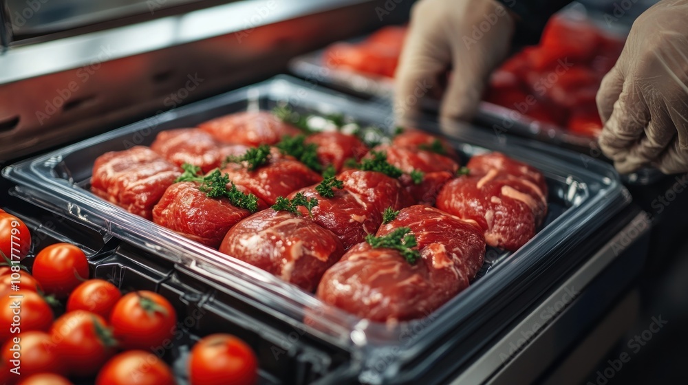Close-up of a hand in a white glove placing a tray of fresh red meat in a refrigerated display case, with cherry tomatoes in the foreground.