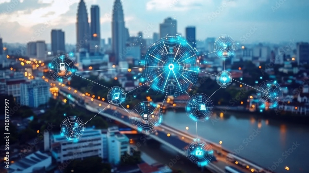 Ai-powered solar panels tracking the sun smart city urban landscape evening view sustainable energy concept