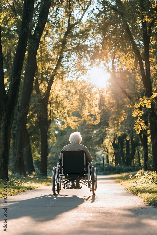 Elderly Person in Wheelchair Riding Through a Sunny Forest Path Elderly Person in Wheelchair Riding Through a Sunny Forest Path