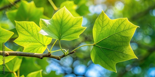 Close-up of Liriodendron tulipifera branch with leaves, also known as tuliptree or tulipwood, in macro view photo