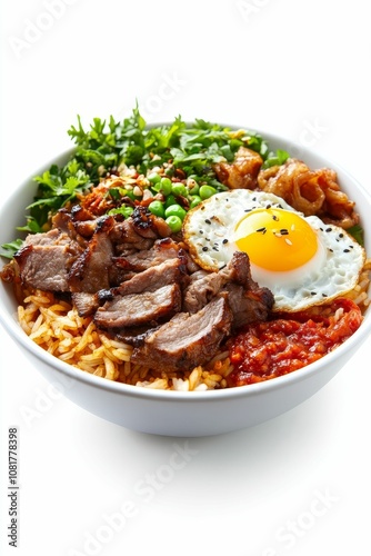 Grilled pork, fried egg, rice, and sauce in bowl.