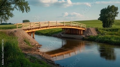 A wooden bridge spans a tranquil river, reflecting the serene landscape under a blue sky.