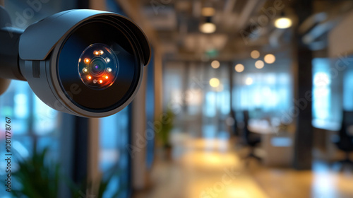 Security camera monitoring a modern office space during daylight hours