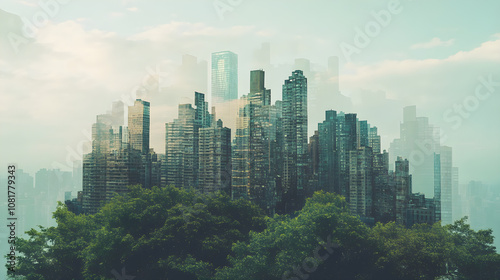 Double image of building and forest