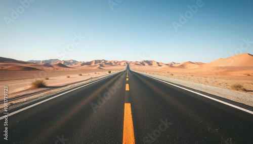 A winding asphalt highway cuts through the vast, empty desert landscape, stretching towards the distant horizon photo