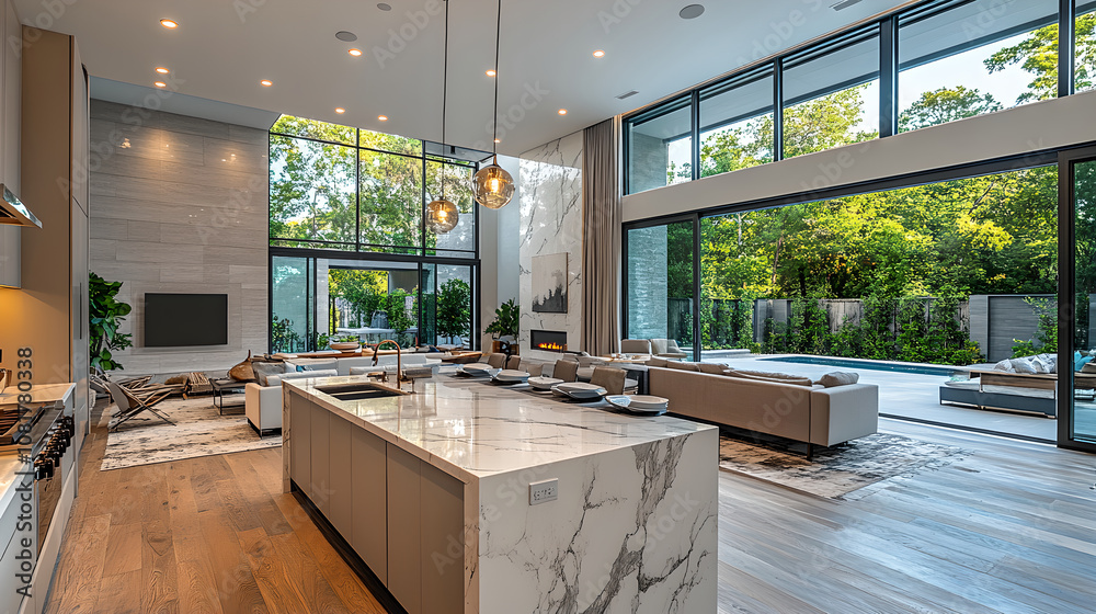 Fototapeta premium Discover a modern kitchen featuring sleek design and elegant marble countertops, bathed in natural light, offering a seamless blend of luxury and functionality.