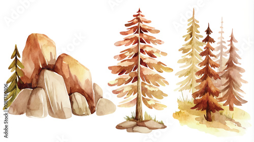 Watercolor pine trees and rocks set. Hand drawn illustration isolated on white background