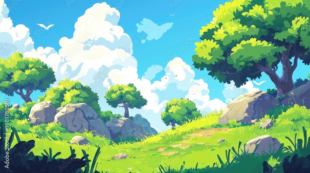 Fototapeta premium A Tranquil Path Through a Lush Green Landscape with Bright Blue Skies and Fluffy Clouds