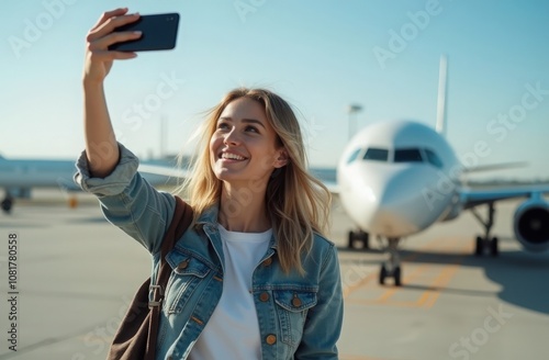Young woman takes a cheerful selfie at the airport with an airplane in the background during a sunny day