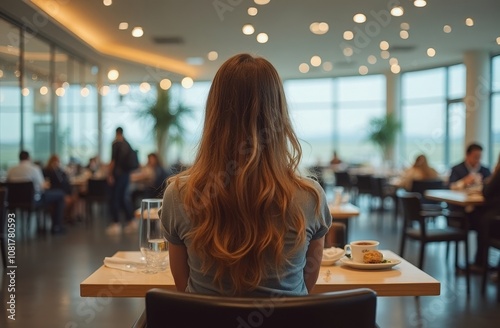 A woman enjoys breakfast alone at a modern cafe with large windows and a lively atmosphere during the morning hours