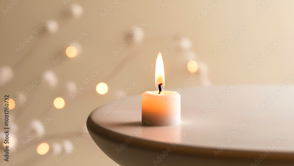 A small white candle, on the edge of a smooth creamy light background, surrounded by a subtle bokeh effect. A small white candle, on the edge of a smooth creamy light background, surrounded by a subtle bokeh effect.