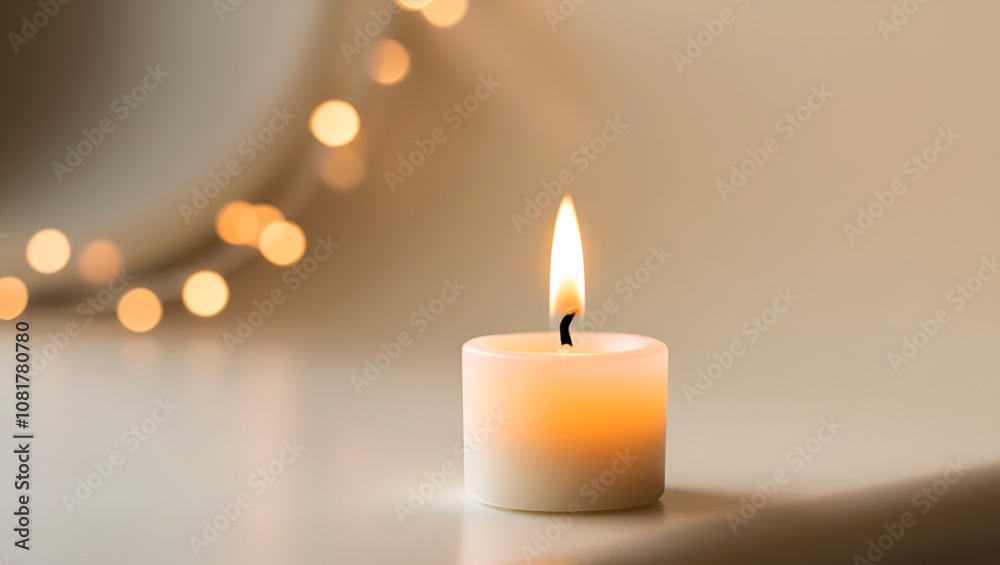 A small white candle, on the edge of a smooth creamy light background, surrounded by a subtle bokeh effect. A small white candle, on the edge of a smooth creamy light background, surrounded by a subtle bokeh effect.