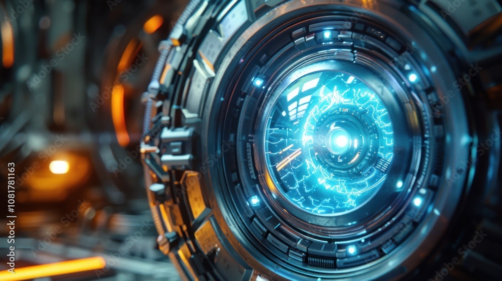 Close-up of a futuristic, metallic orb with a glowing blue core. Close-up of a futuristic, metallic orb with a glowing blue core.