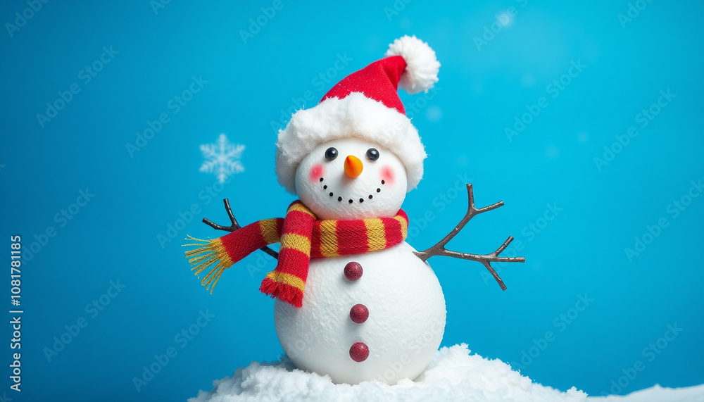 Snowman with hat and scarf, a festive winter decoration for Christmas cards Snowman with hat and scarf, a festive winter decoration for Christmas cards