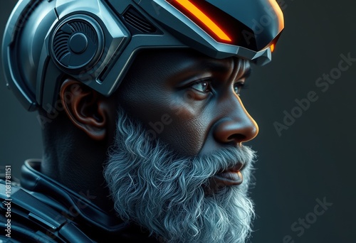 A futuristic soldier in a sleek helmet with an orange visor and a striking white beard, poised for action against a dark background