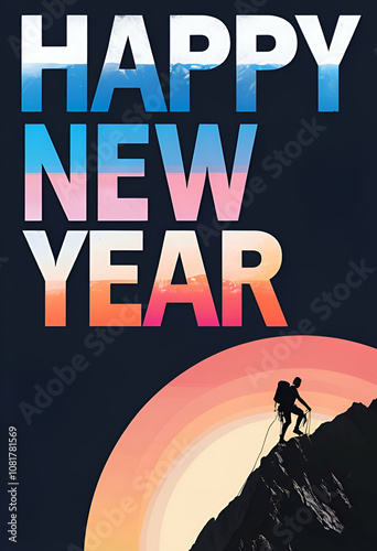 Flat vector vertical illustration winter landscape lake mountains sunrise sunset Happy New Year.