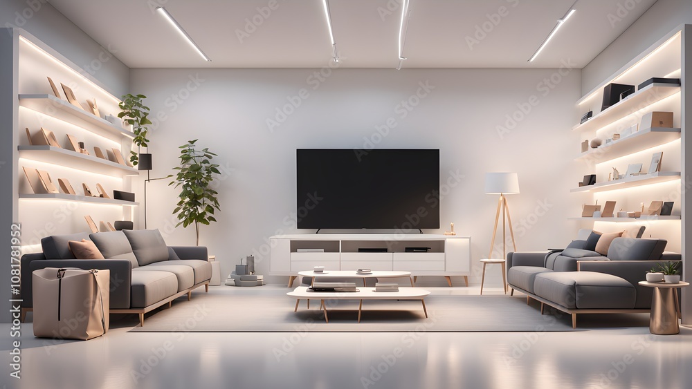 Modern living room with a large TV, two sofas, a coffee table, a floor lamp, and shelves with decor. Modern living room with a large TV, two sofas, a coffee table, a floor lamp, and shelves with decor.