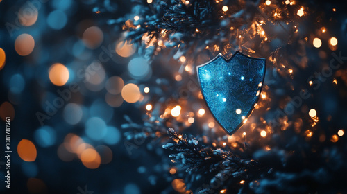 A shimmering shield ornament hangs on a festive tree lit with colorful lights