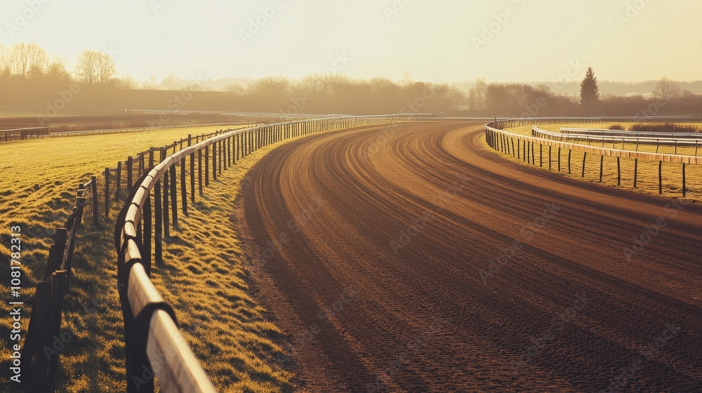 Fototapeta premium A horse racing track with fences and horses, countryside setting, Rustic style