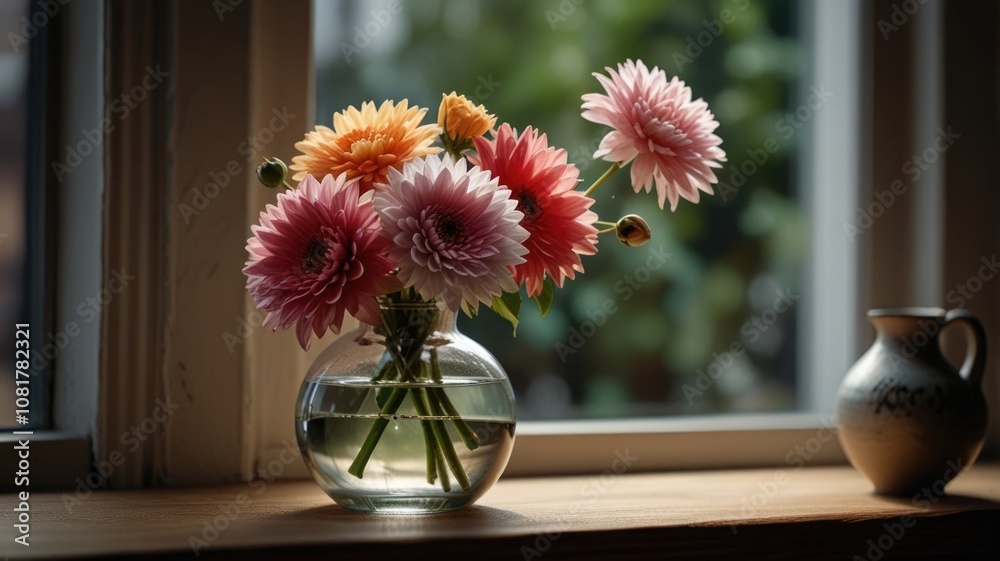 Flower in vas on the wooden windowsill