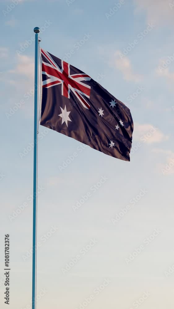 Australia Canberra Flag Vertical Cinematic Realistic Waving Dolly Out Blue Sky Australia Canberra Flag Vertical Cinematic Realistic Waving Dolly Out Blue Sky