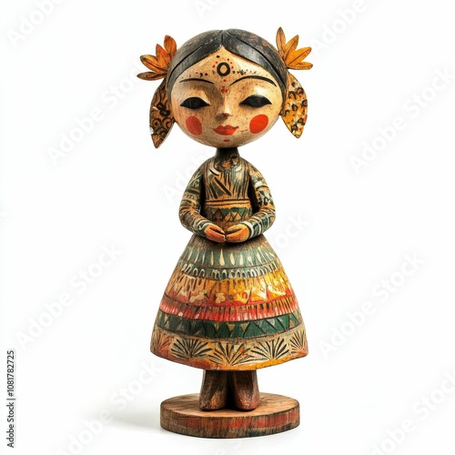 Hand-painted wooden doll with ornate dress. photo