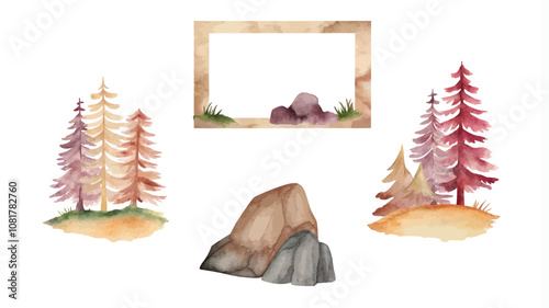 Watercolor hand painted pine trees and stones isolated on white background.