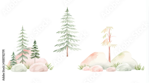 Pine trees and stones watercolor vector set. Illustration isolated on white background.