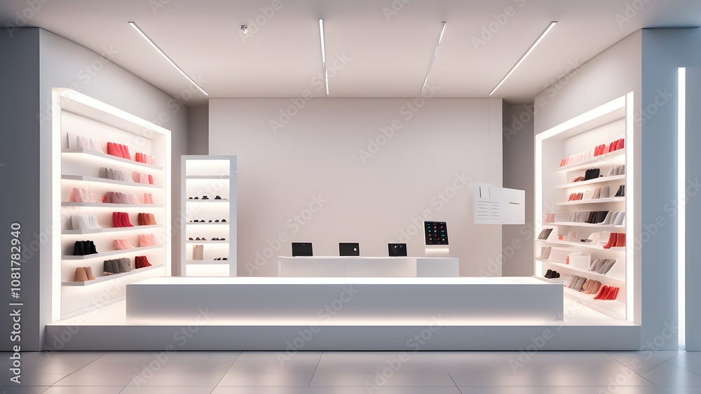 Modern retail store interior with empty shelves, white walls, and a counter. Modern retail store interior with empty shelves, white walls, and a counter.