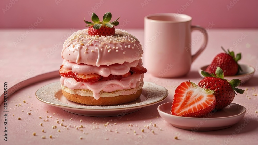 Pink donut with strawberry frosting sits on a plate Pink donut with strawberry frosting sits on a plate